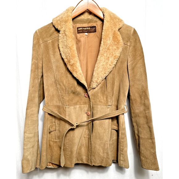 Vintage 1970s Split End Ltd Leather Jacket Women’s Medium Wool Trim Belted FLAWS - Picture 1 of 12